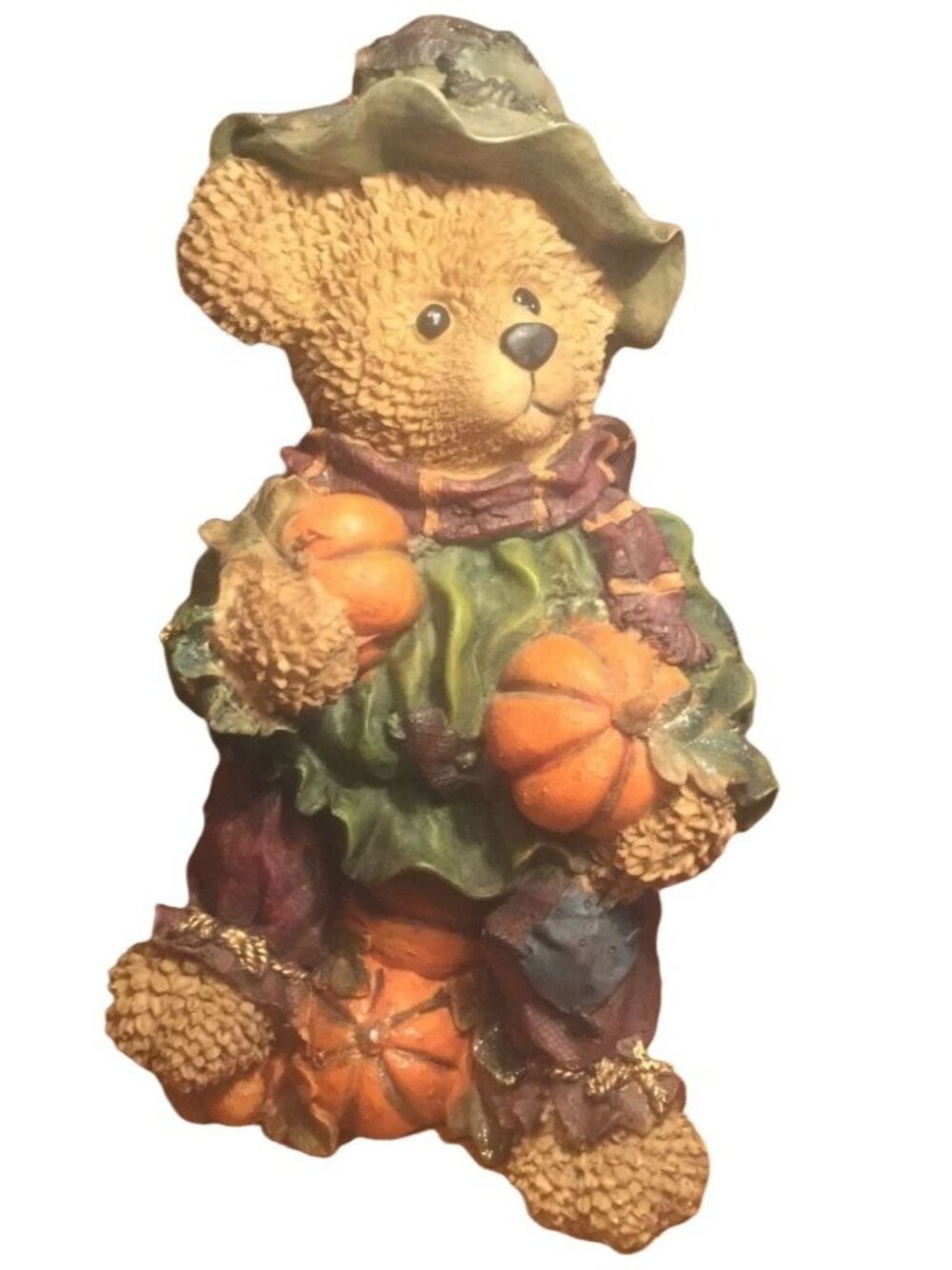 Fall Harvest Bear Figurine With Pumpkins and Hat  Autumn Decor Piece